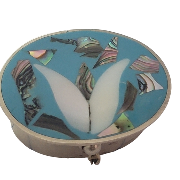 Alpaca Mexico Abalone Floral Inlay Pill Box Hinged Snuff Trinket Vintage Silver - Picture 5 of 17